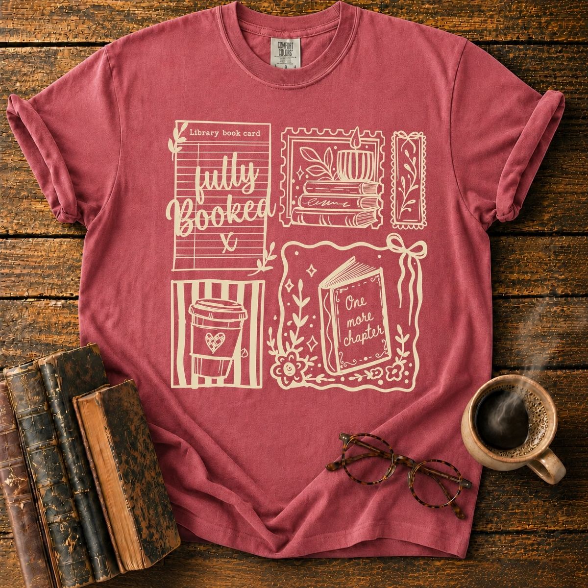 Cozy Bookish Sticker Collage T-Shirt