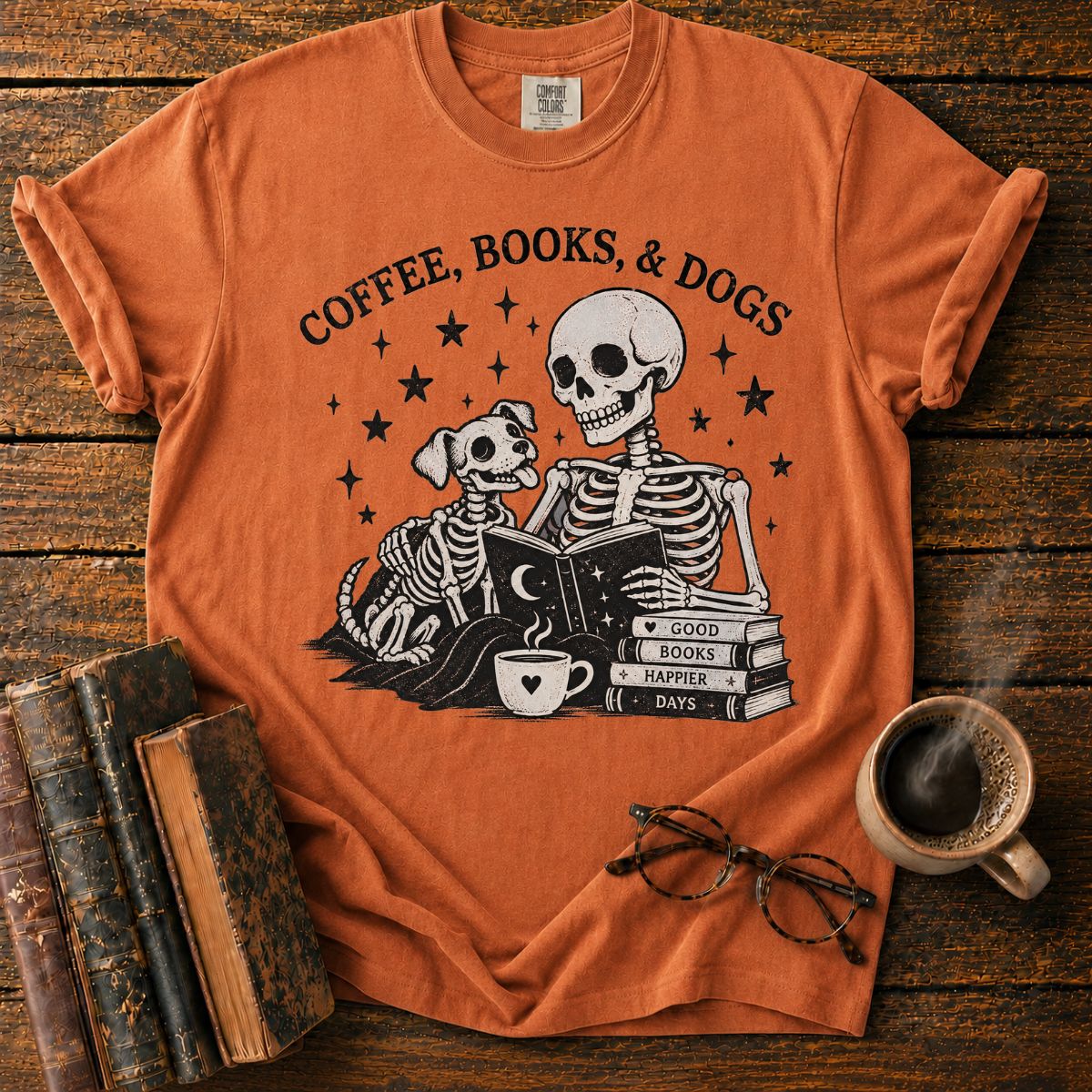 Coffee Books and Dogs Skeleton T-Shirt