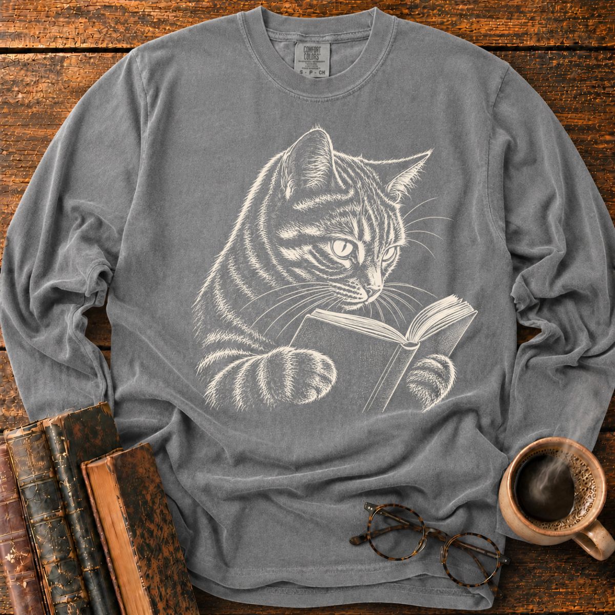 Tabby Cat Reading LS T-Shirt