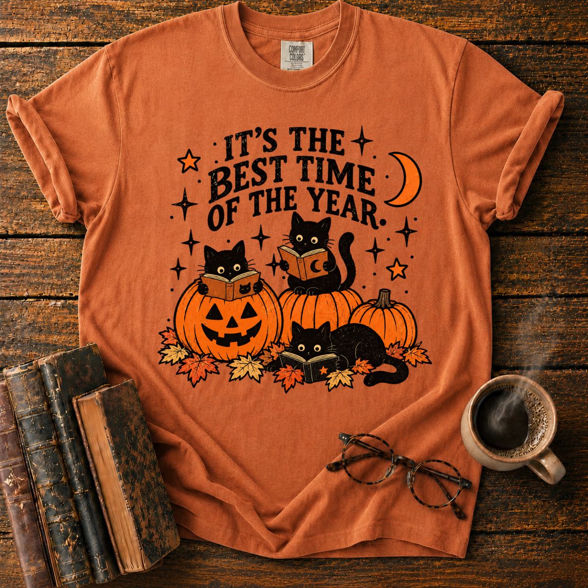 Black Cats Reading Pumpkin Halloween T-Shirt