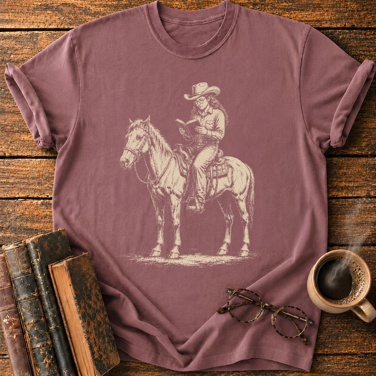 Cowgirl Reading on Horseback T-Shirt