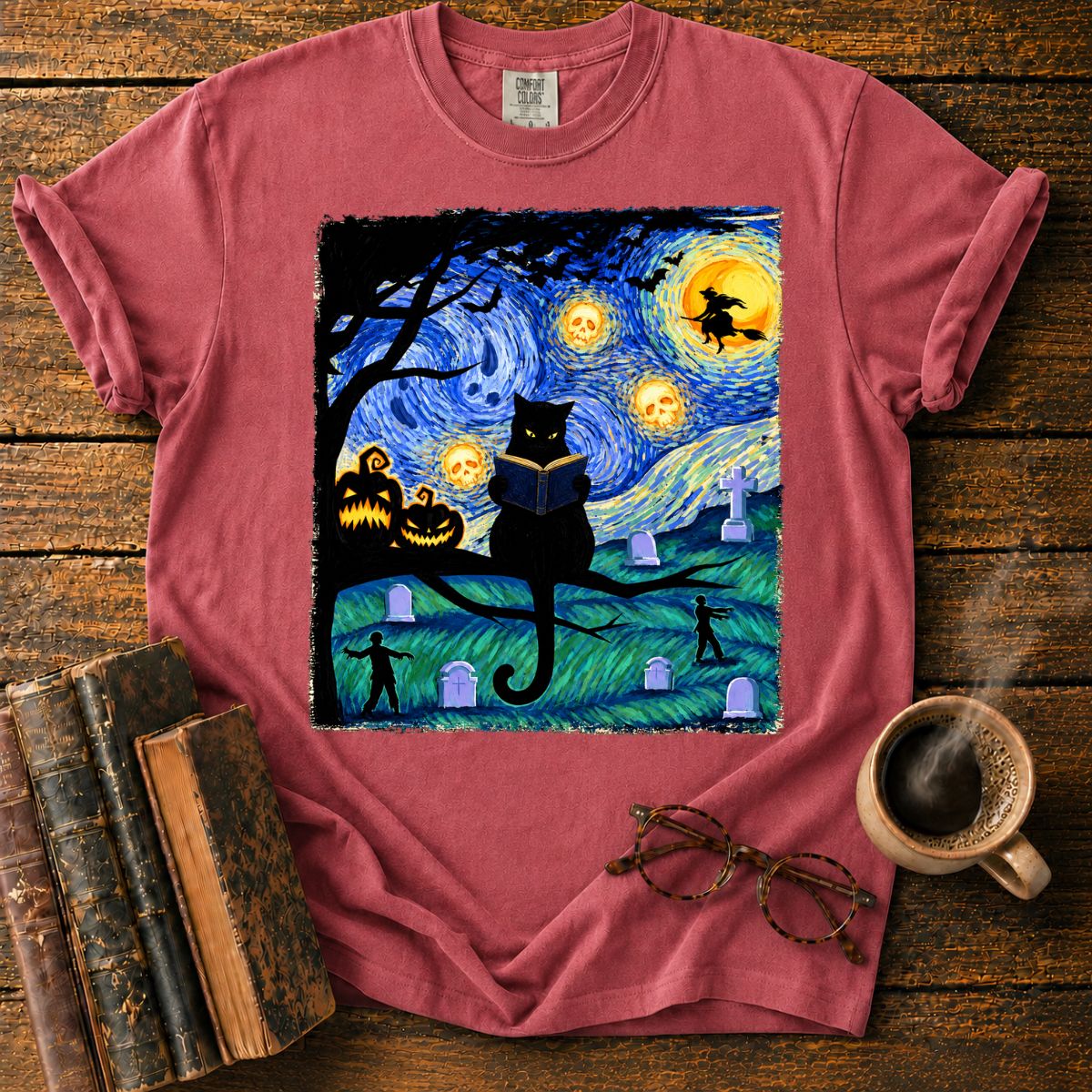 Black Cat Reading Under Skull Moon T-Shirt
