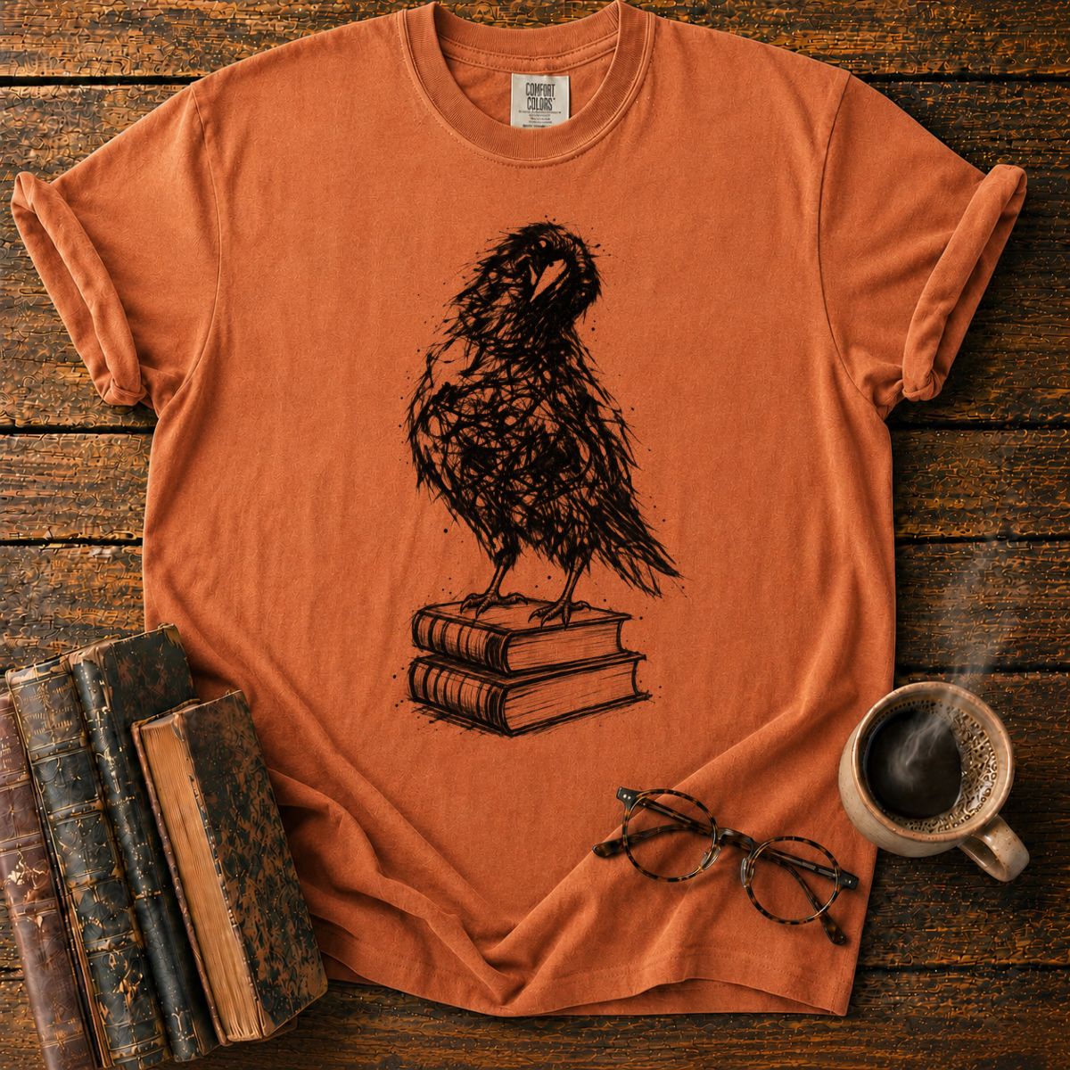 Ink-Crow Perched on Old Books T-Shirt
