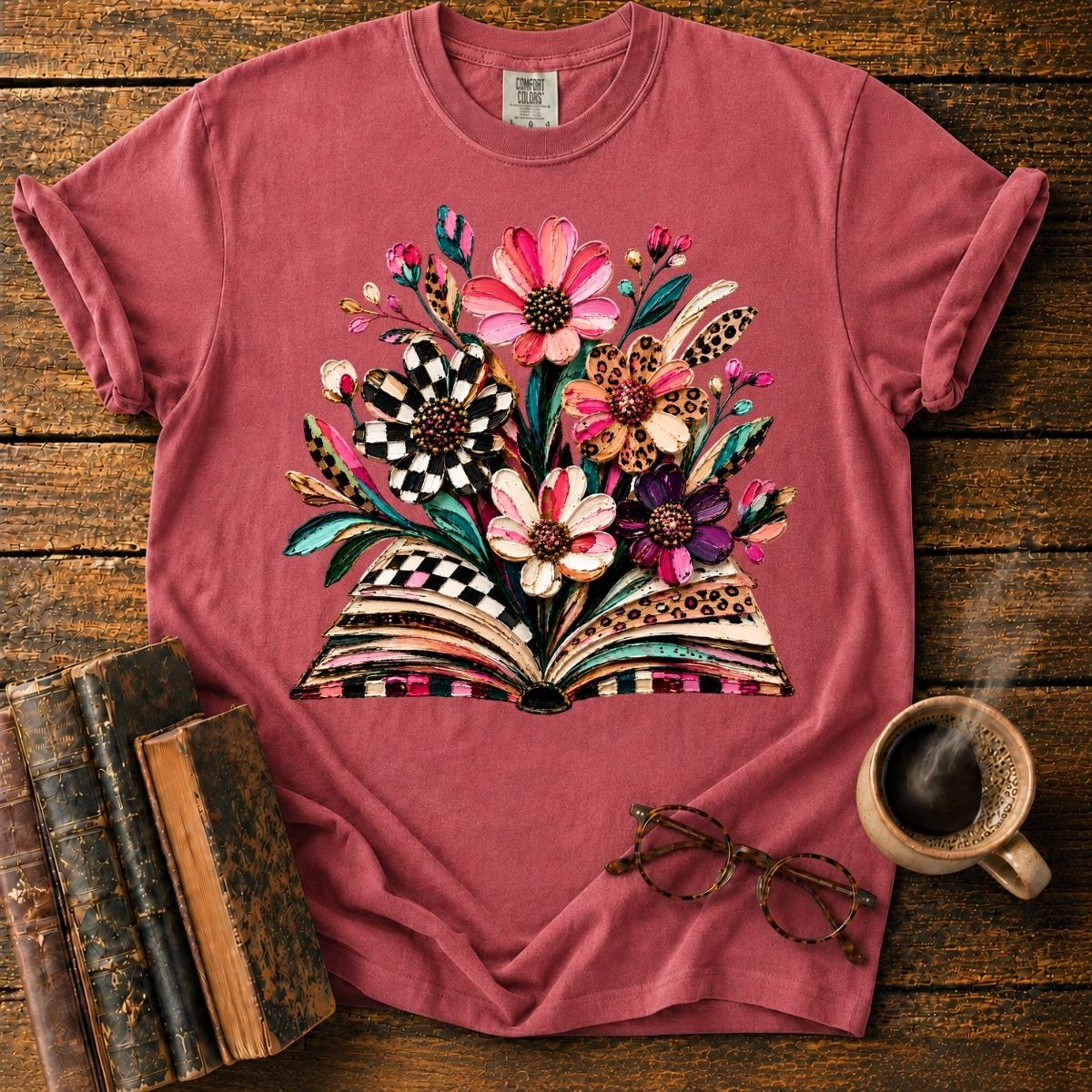 Floral Bouquet Rising from Book T-Shirt