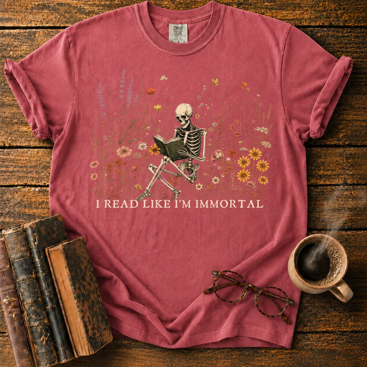Immortal Reader in a Wildflower T-Shirt