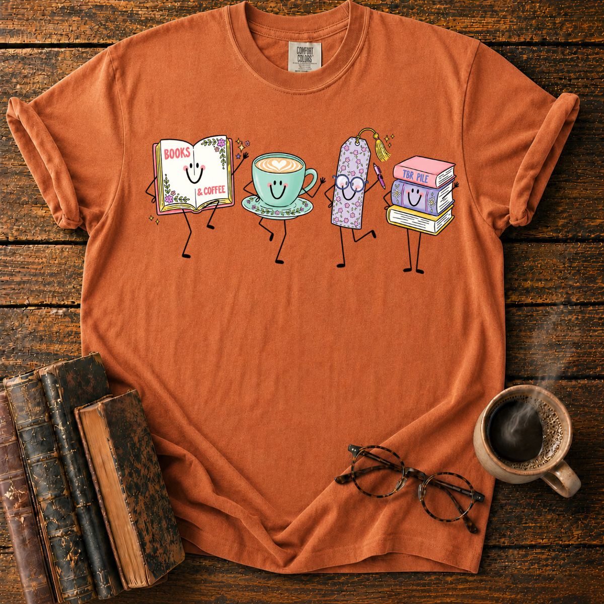 Books, Coffee, and Cheerful Bookish Friends T-Shirt