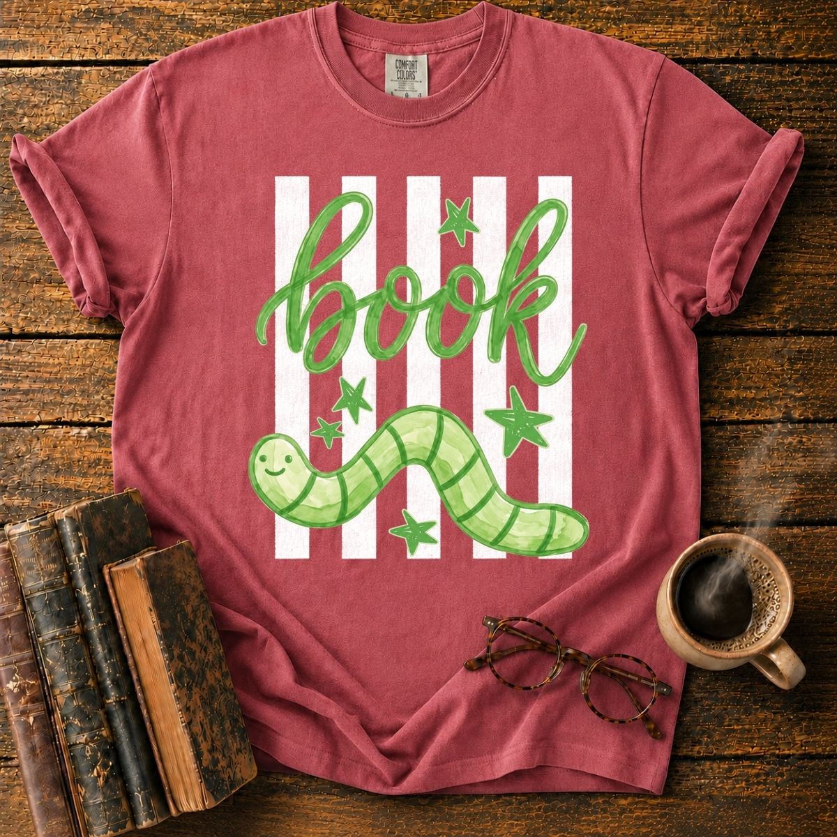 Green Bookworm on Pink Stripes T-Shirt