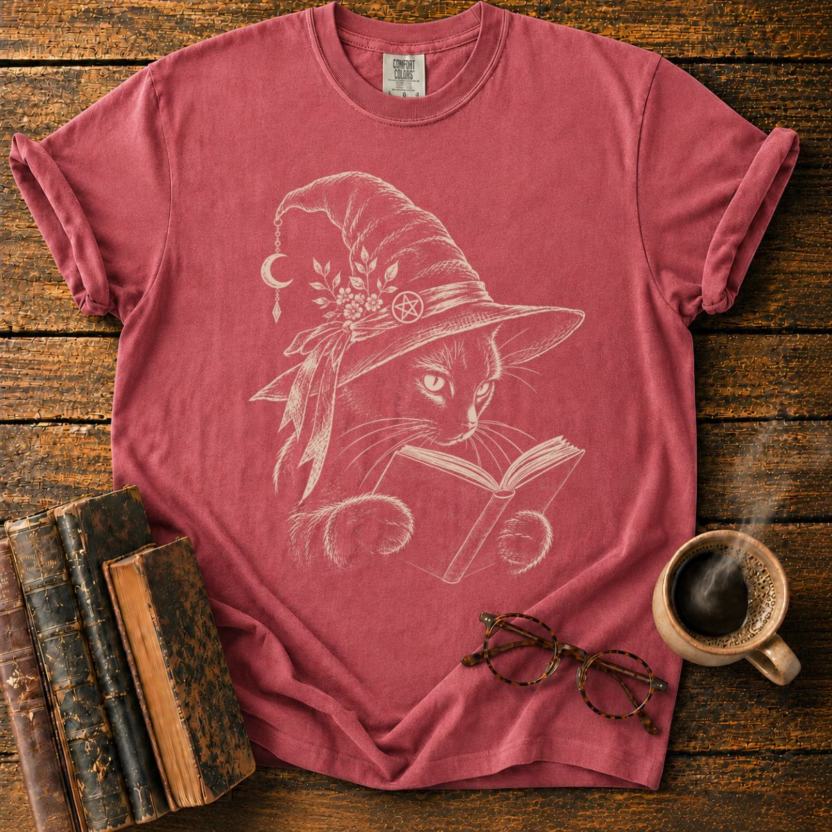 Witchy Cat Reading Under Moonlight T-Shirt