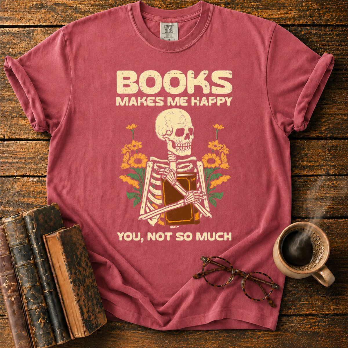 Books Make Me Happy Skeleton Floral T-Shirt