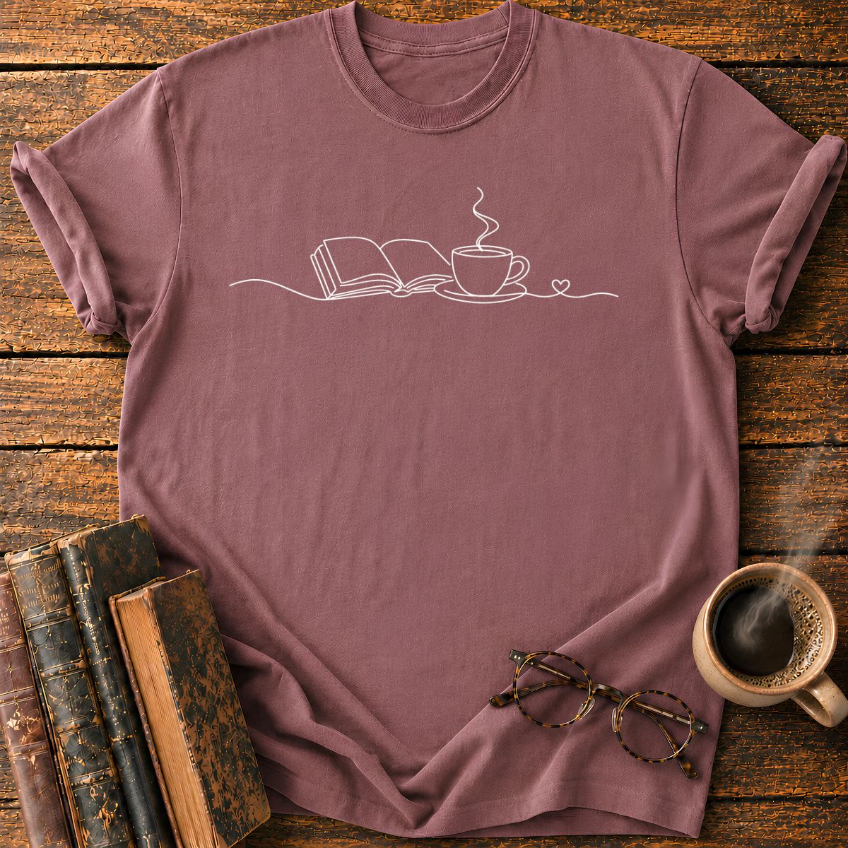 Book, Tea, and Heartline T-Shirt