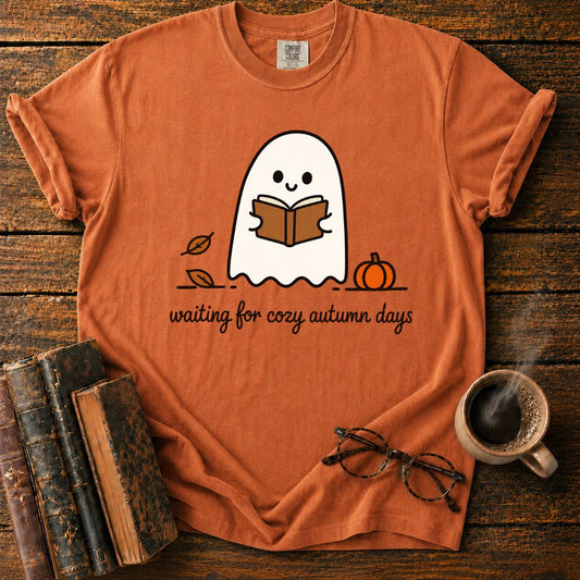 Cozy Ghost Reading Among Autumn Leaves T-Shirt