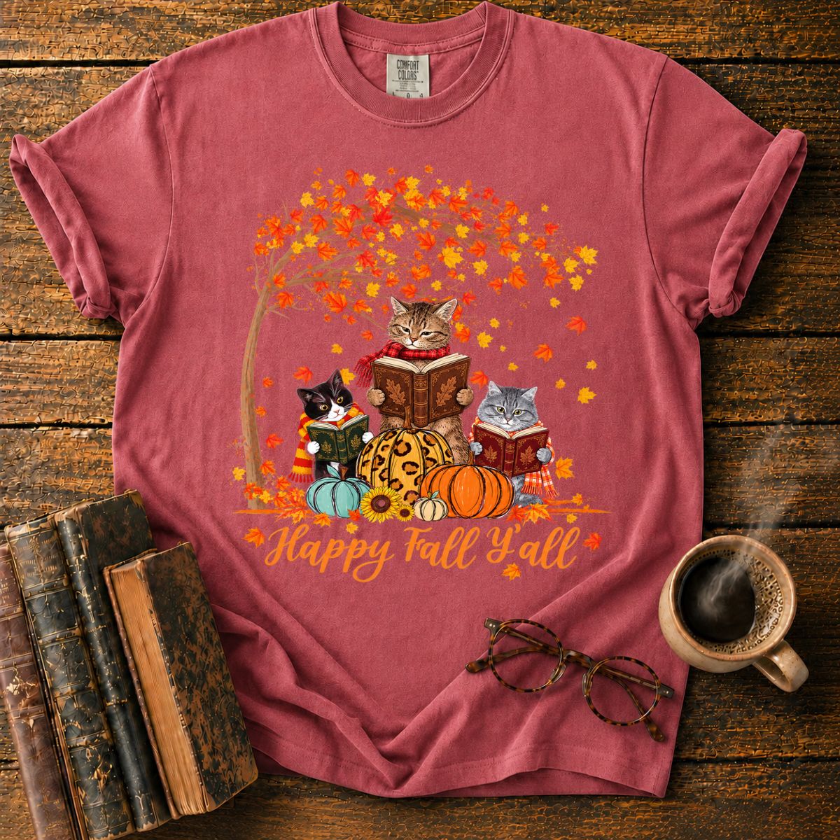 Three Cats Read with Autumn Books T-Shirt