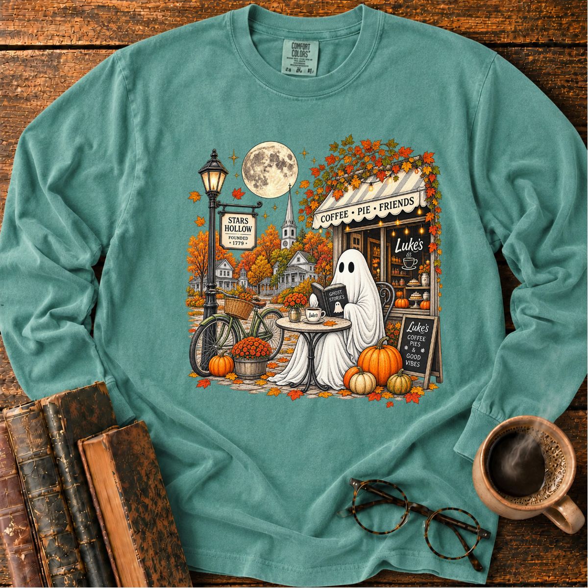 Ghostly Autumn Coffee in Stars Hollow Long Sleeve T-Shirt