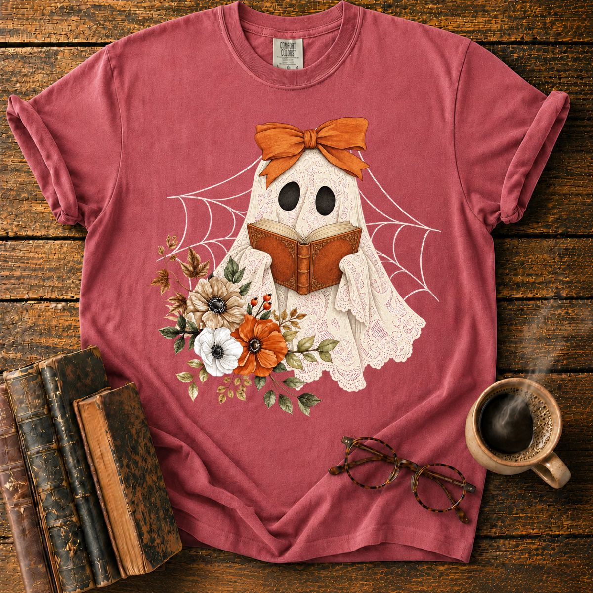Lace Ghost Reads Among Autumn Flowers T-Shirt