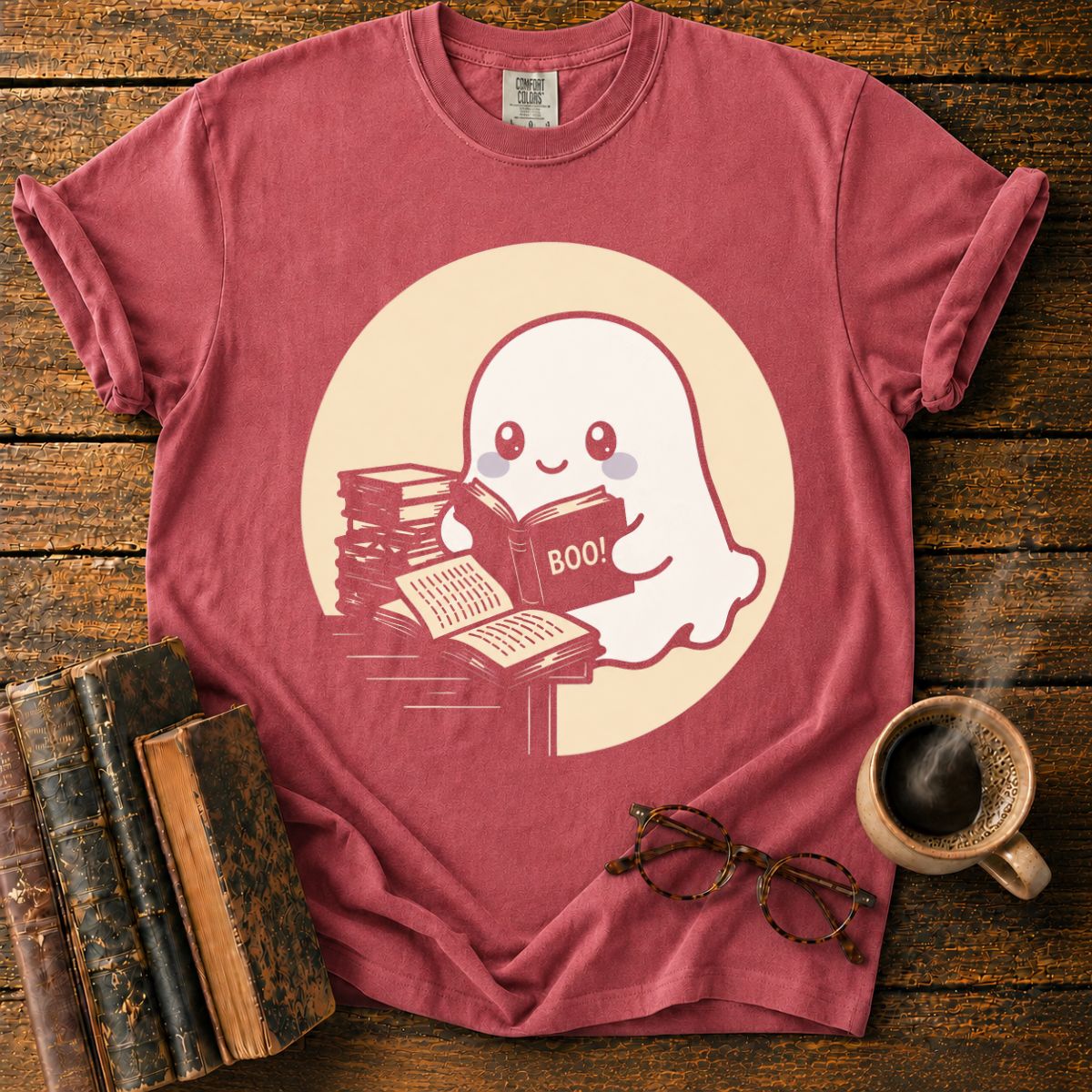 Kawaii Ghost Reading Books T-Shirt