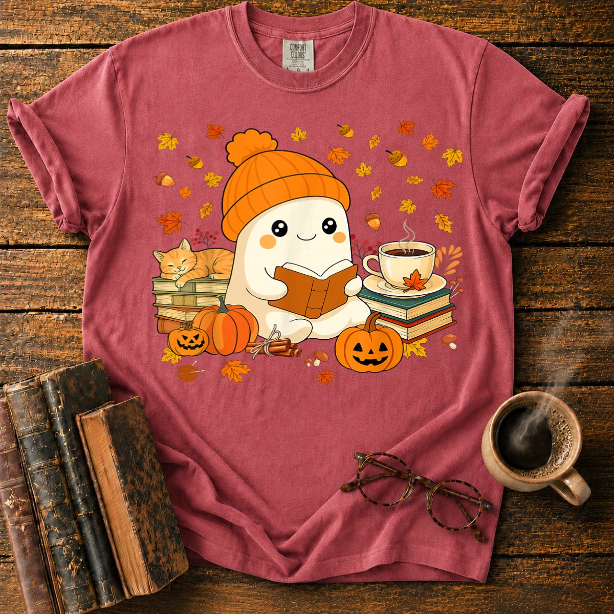 Cute Ghost Reading Book Halloween T-Shirt
