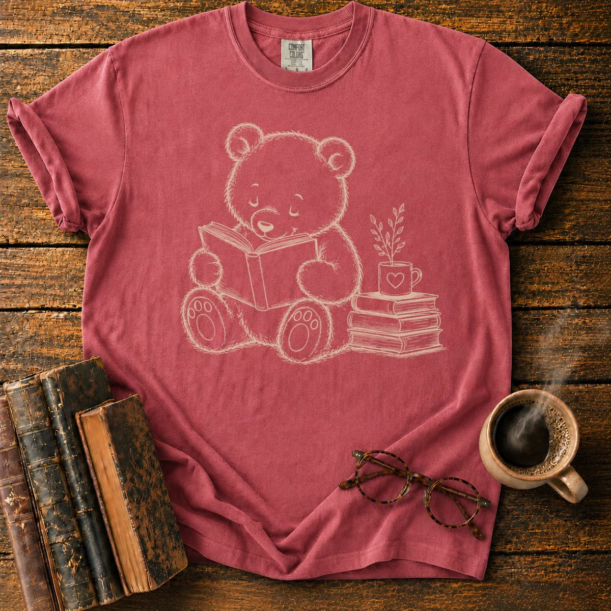 Bear Reading with Books and Mug T-Shirt