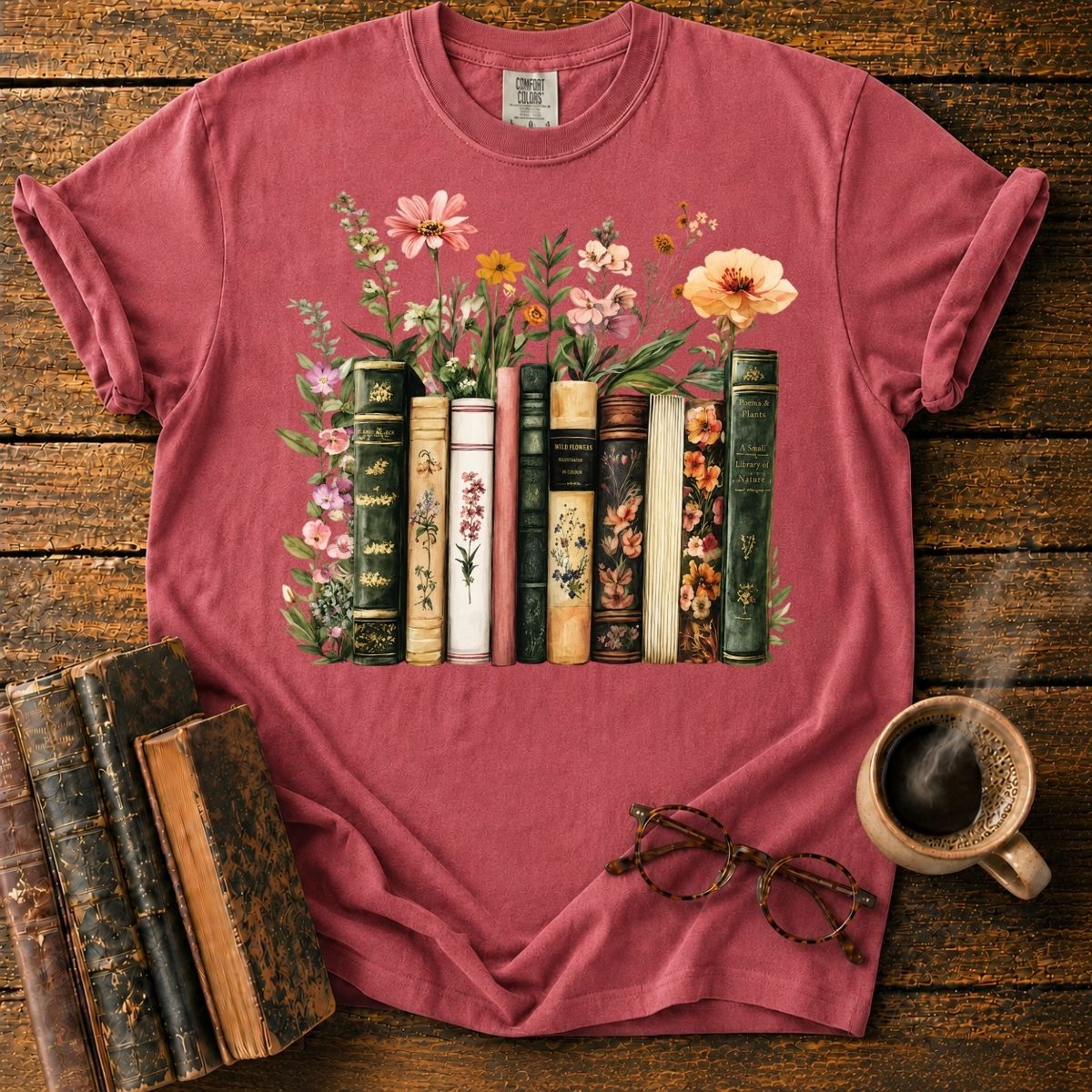 Vintage Books with Wildflowers T-Shirt