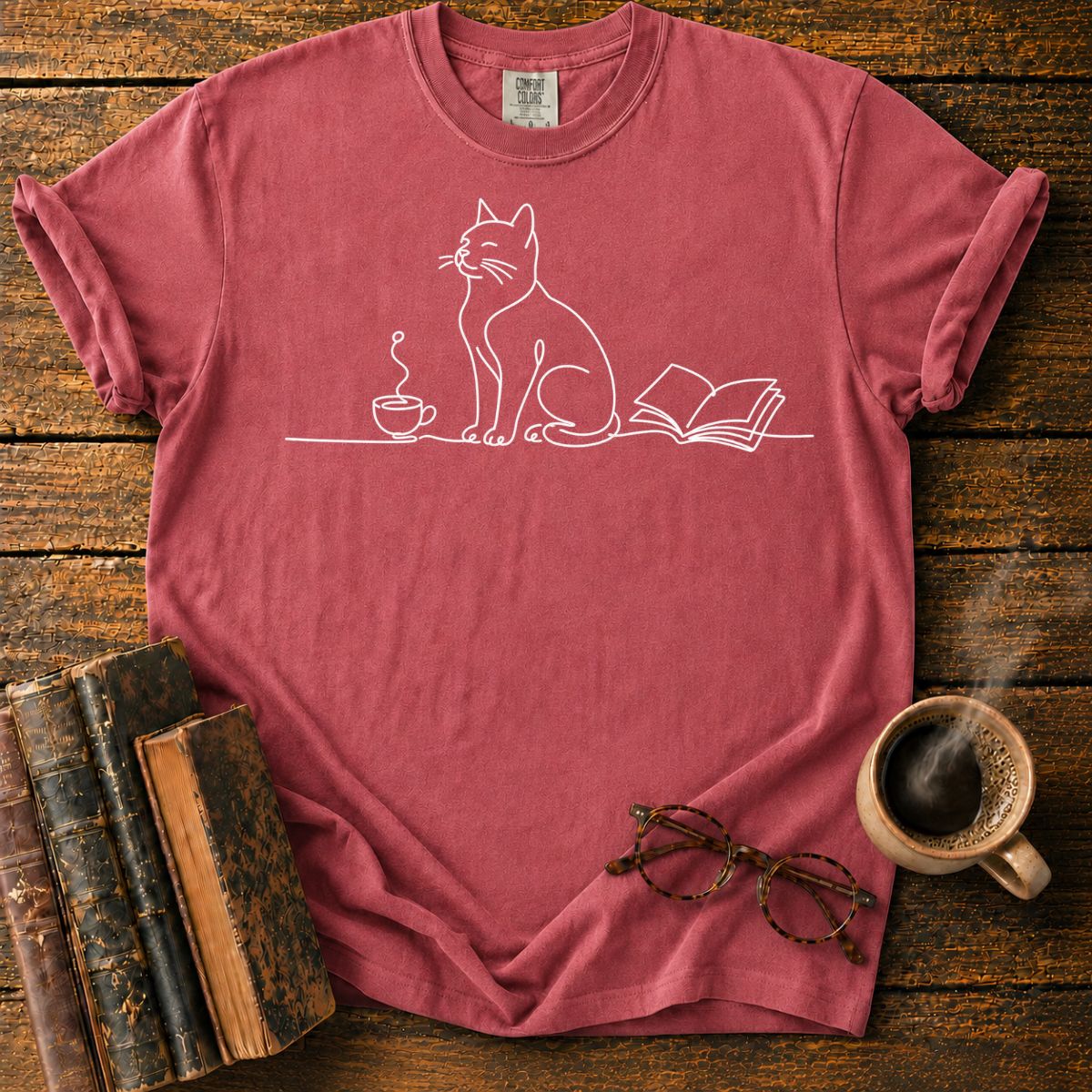 Minimalist Cat, Cup, and Book T-Shirt