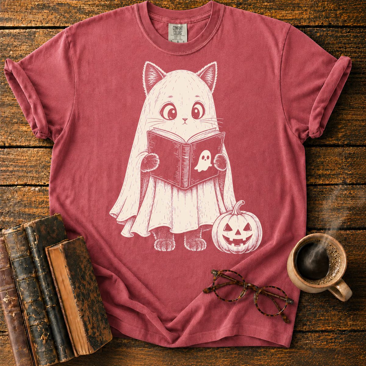 Ghost Cat Reading by Pumpkin T-Shirt