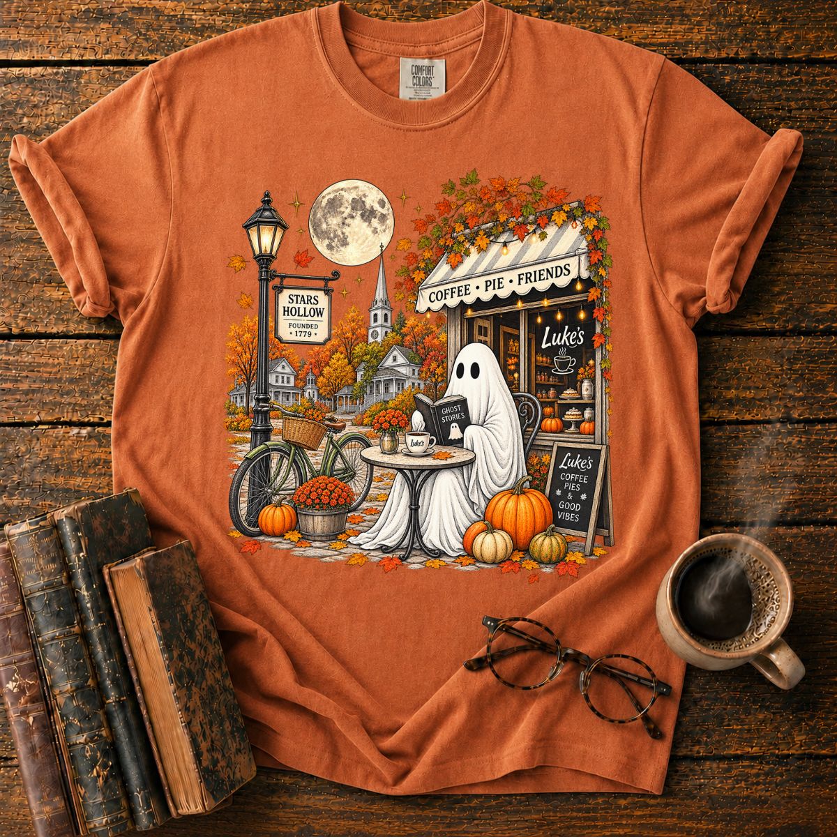 Ghostly Autumn Coffee in Stars Hollow T-Shirt