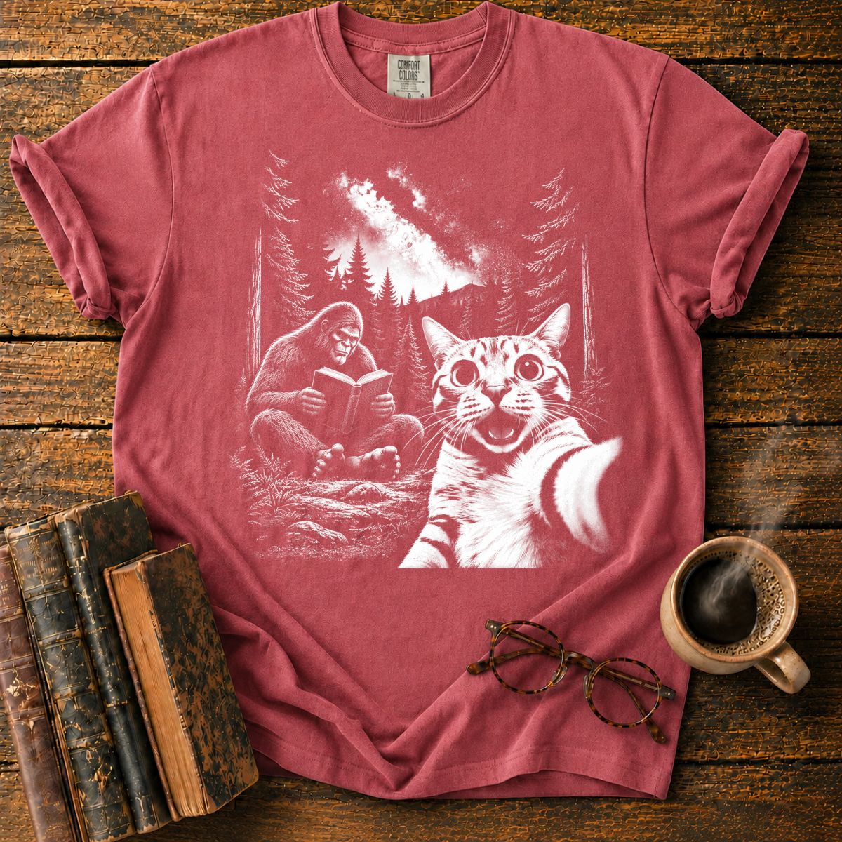 Moonlit Bigfoot and Cat Reading T-Shirt