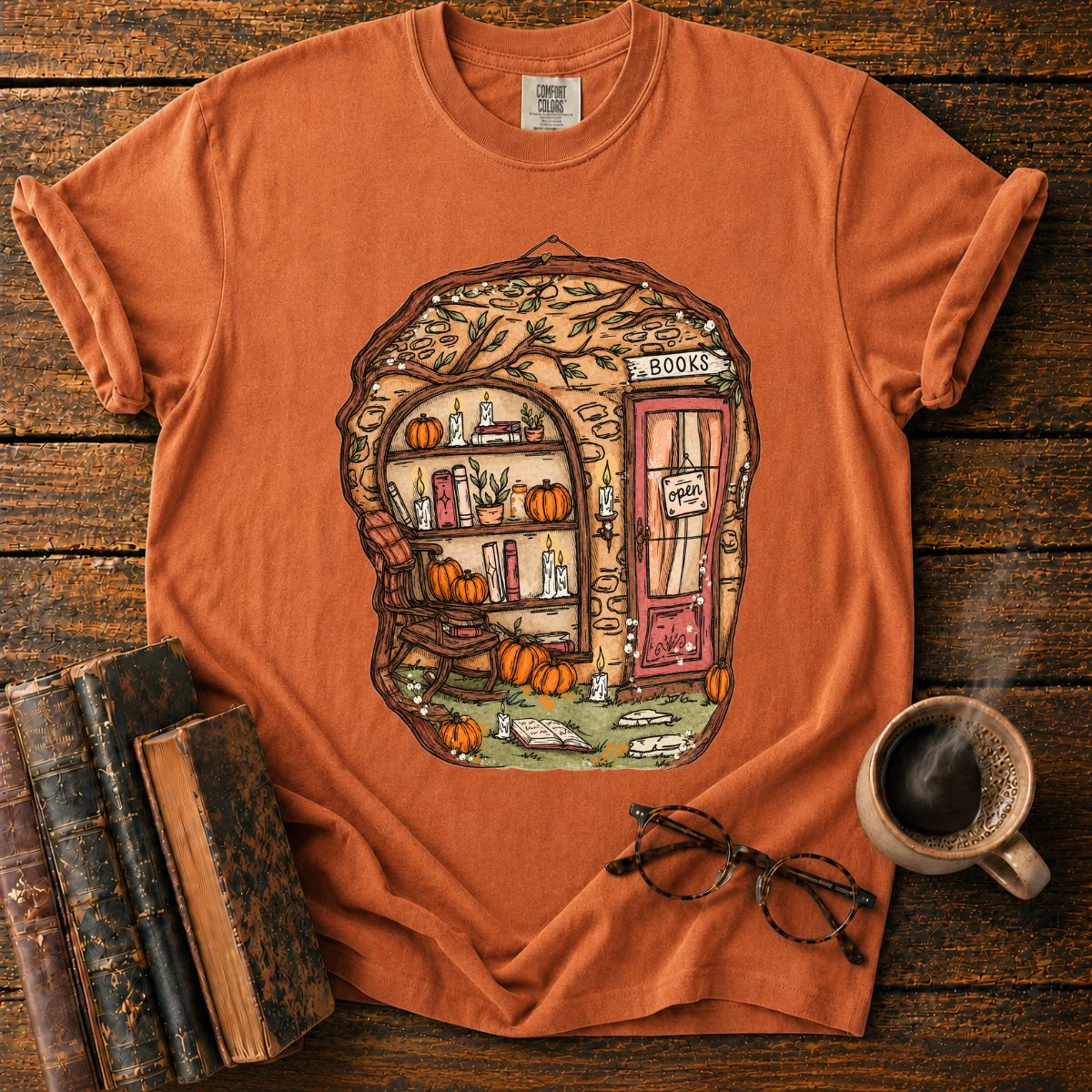 Whimsical Autumn Treehouse Bookstore T-Shirt