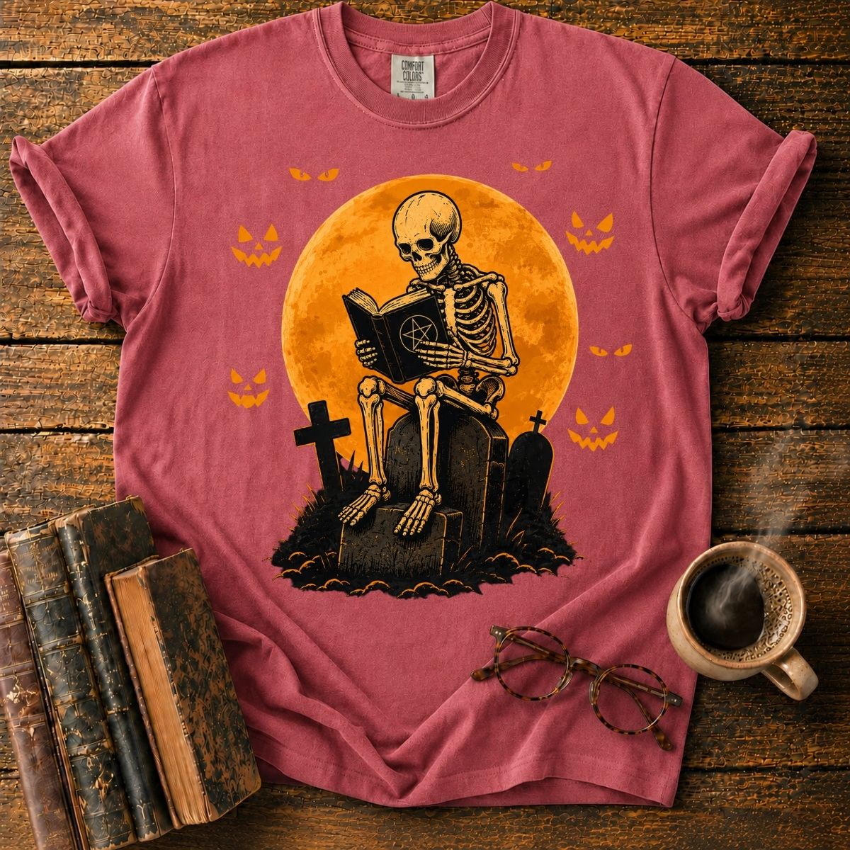 Skeleton Reading Beneath the Pumpkin Moon T-Shirt
