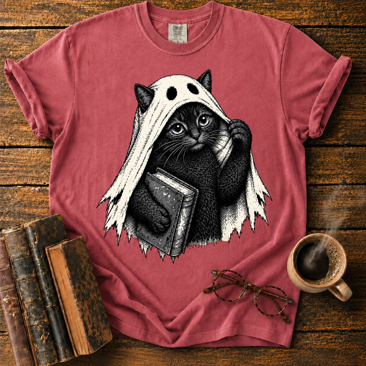 Ghost Black Cat with Haunted Book T-Shirt
