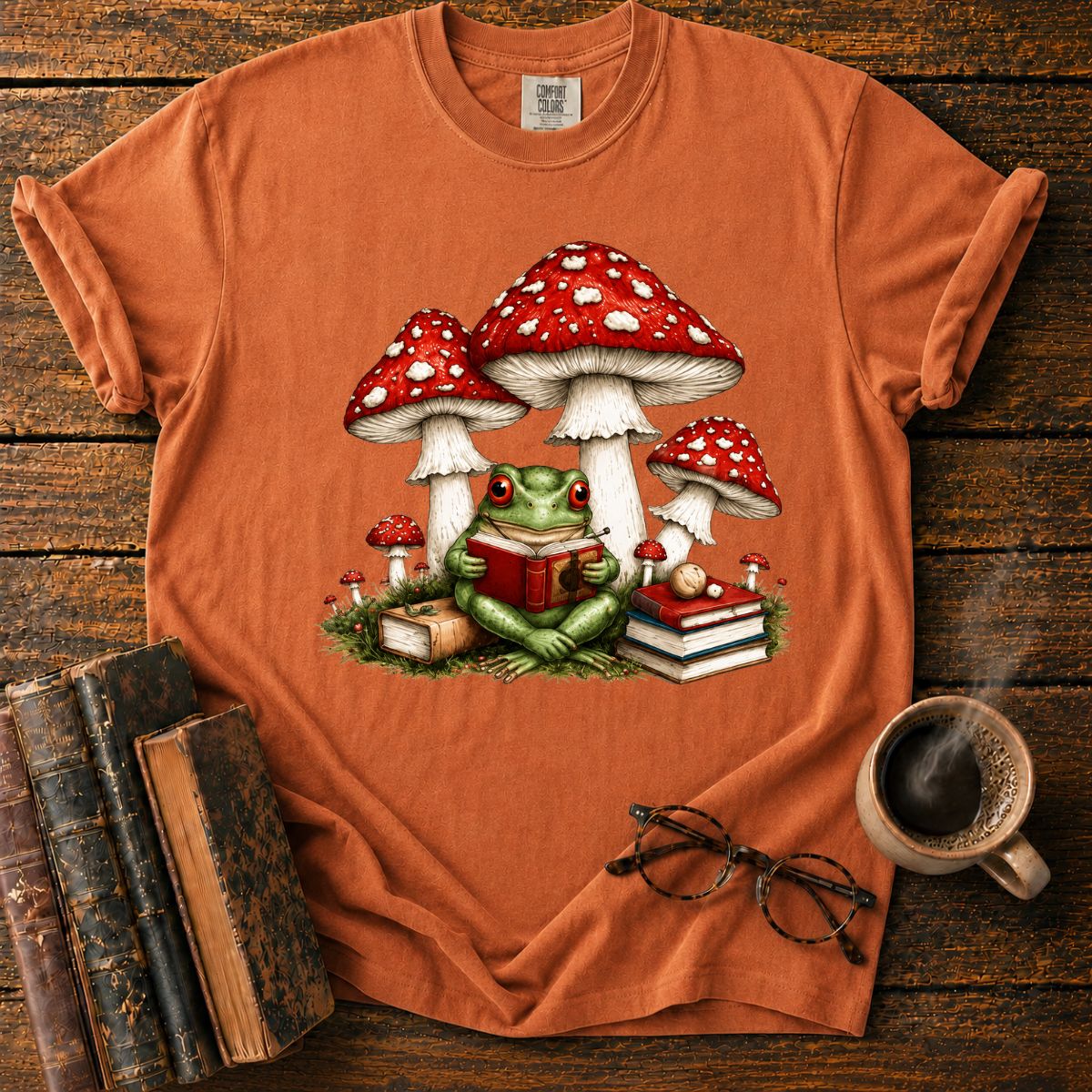 Frog Reading Beneath Mushroom T-Shirt