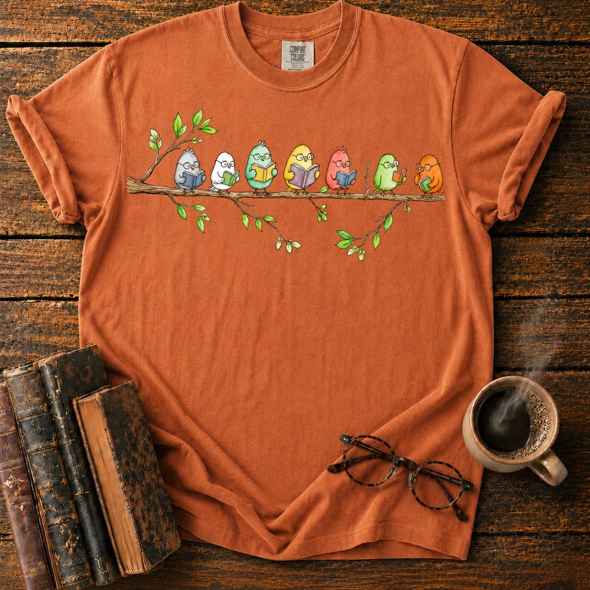 Seven Studious Birds on a Leafy Branch T-Shirt