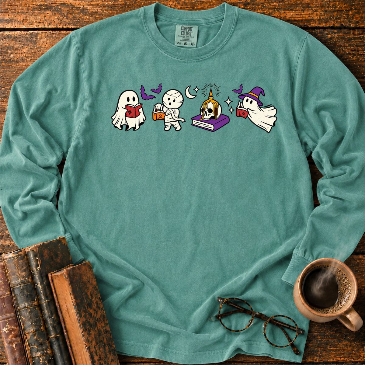 Spooky Ghost Mummy Book Lover LS T-Shirt