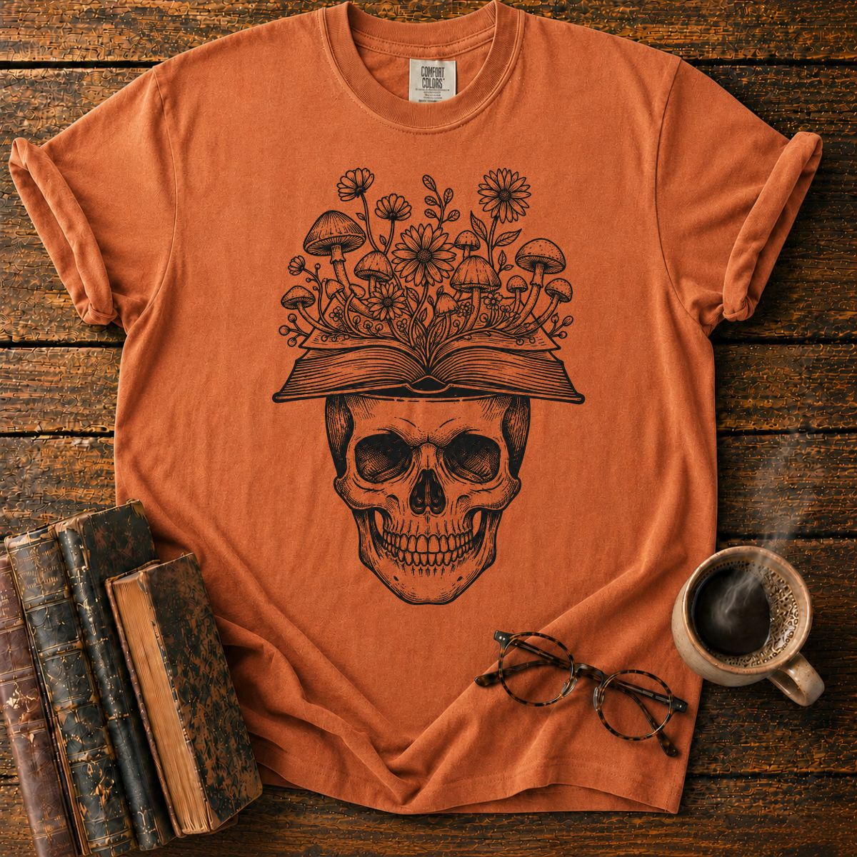 Skull Book Mushroom Wildflowers T-Shirt