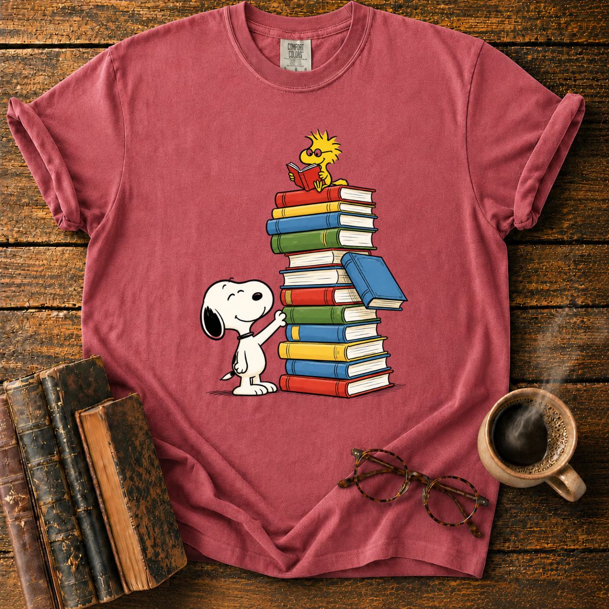 Snoopy and Woodstock’s Book Tower T-Shirt