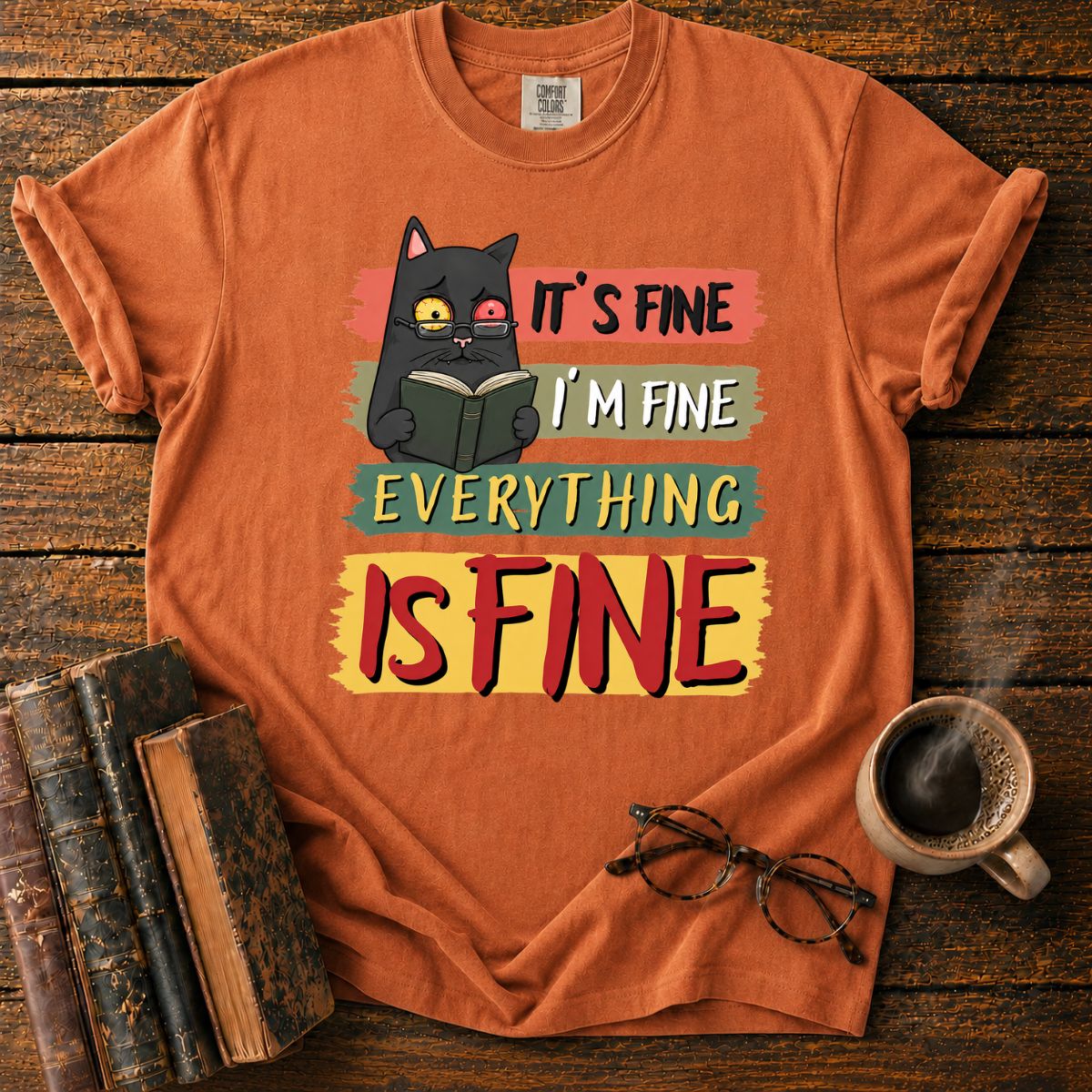 Anxious Cat Reading_ Everything Is Fine T-Shirt