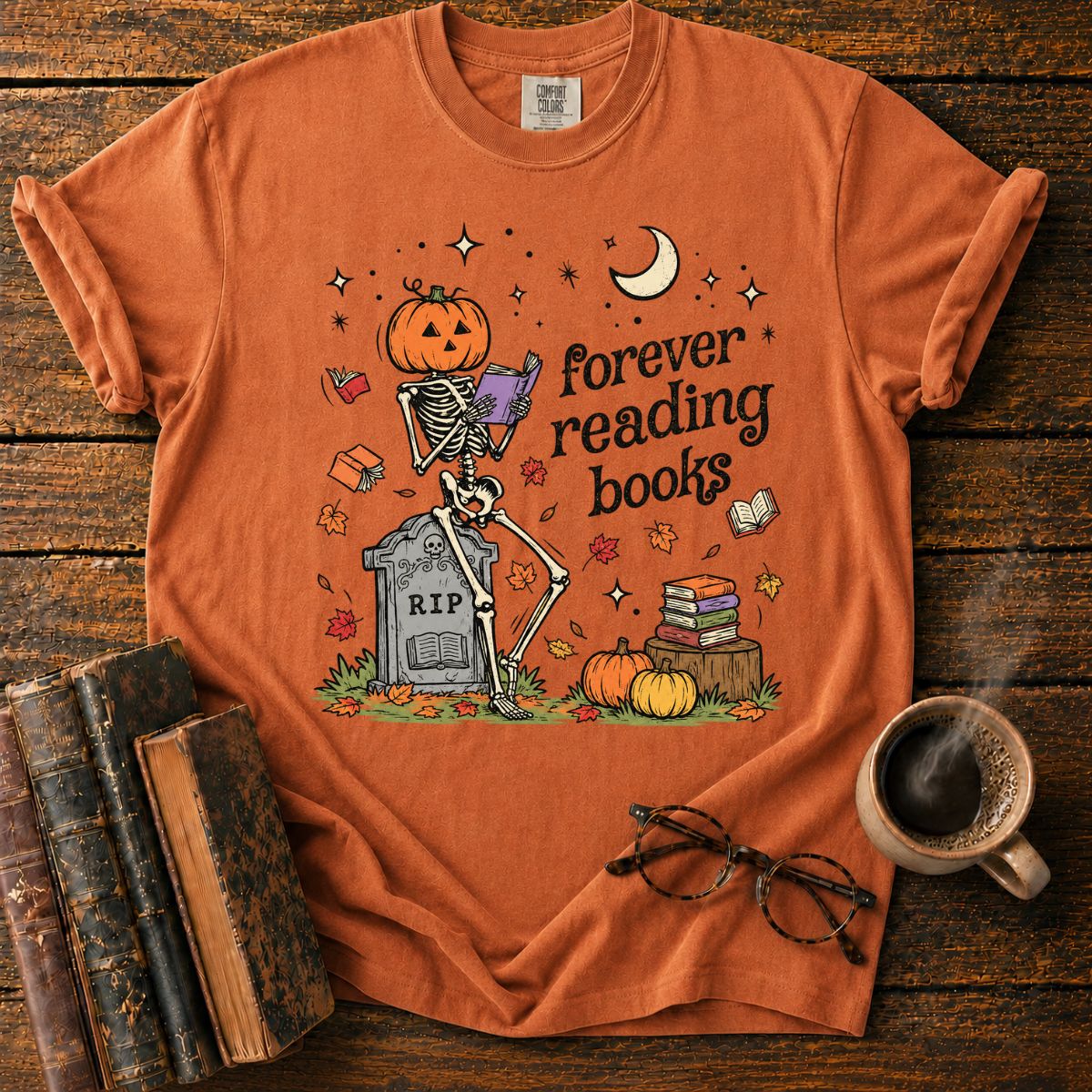 Forever Reading Books Pumpkin Skeleton T-Shirt
