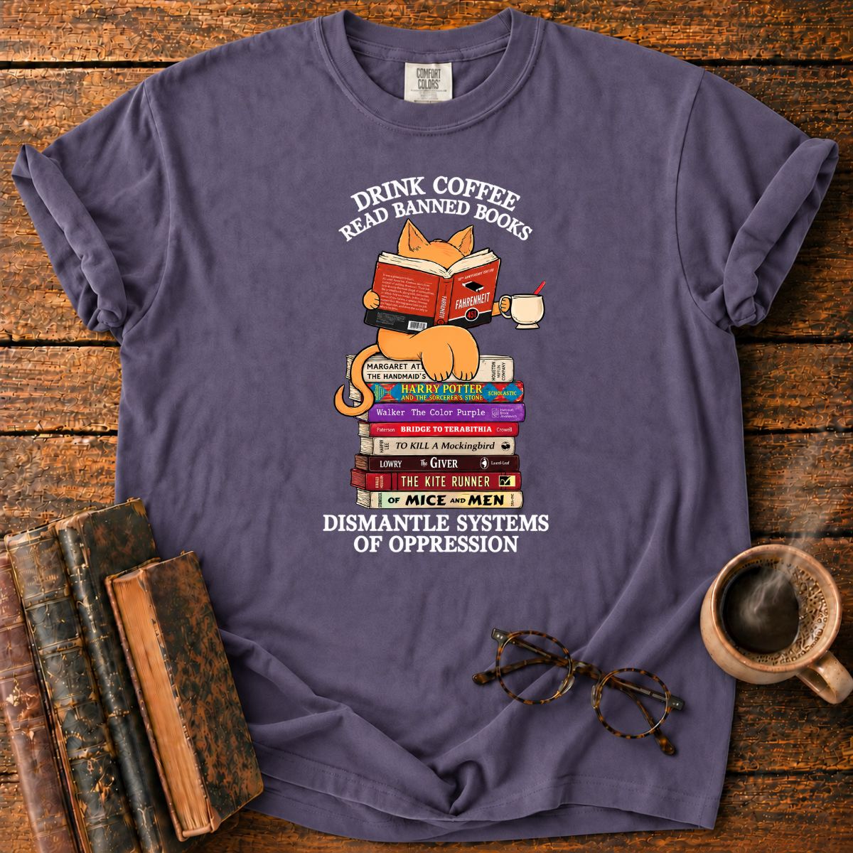 Cat Drink Coffee Read Banned Books T-Shirt