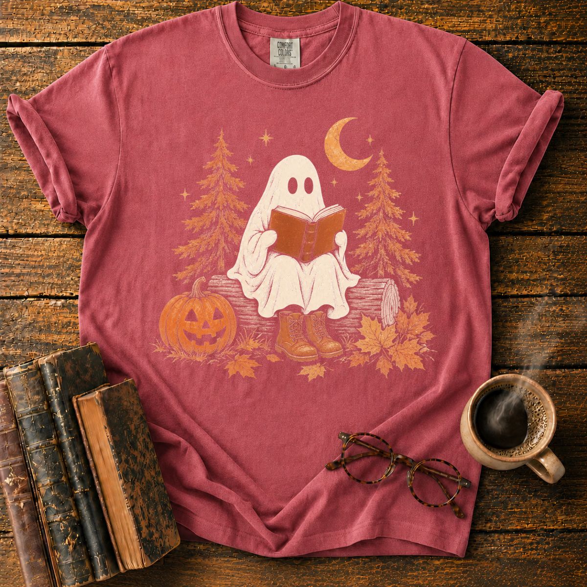 Cozy Ghost Reading Under the Moon T-Shirt