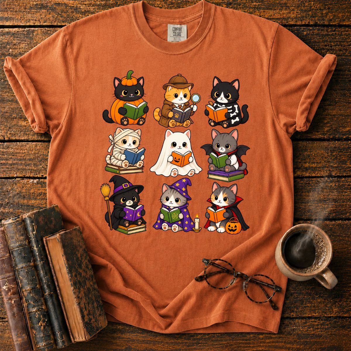 Kawaii Halloween Cat Reading T-Shirt