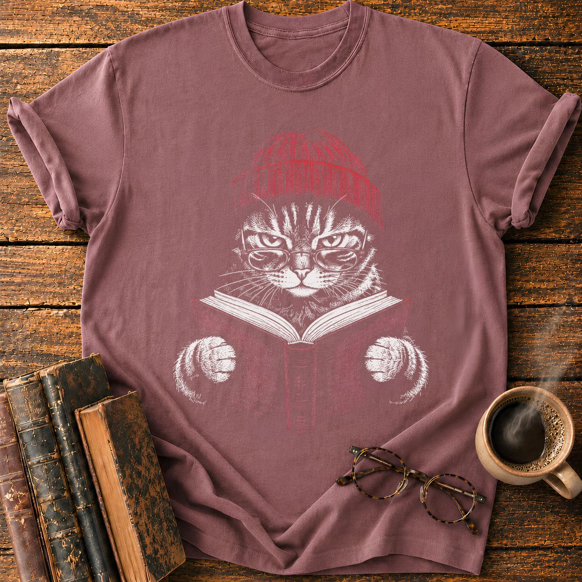 Cat with Red Beanie and Book T-Shirt