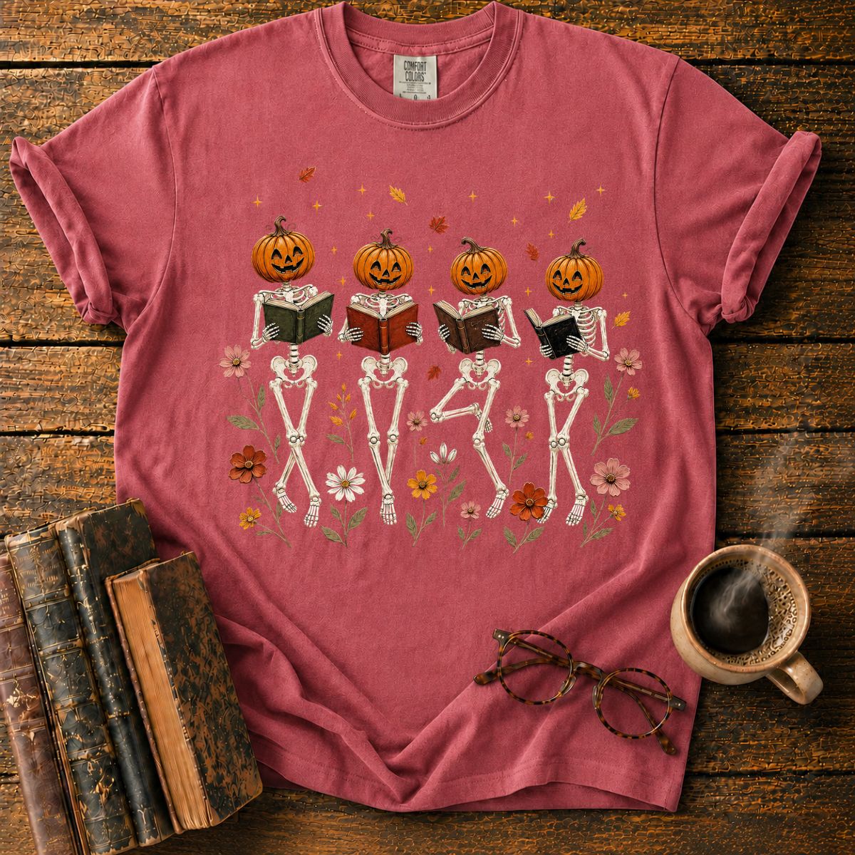 Skeletons Reading Among Autumn Flowers T-Shirt