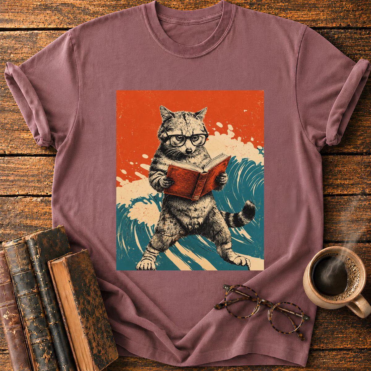 Vintage Cat Reading By The Sea T-Shirt