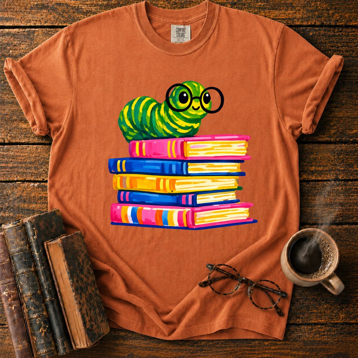 Cheerful Bookworm on Colorful Books T-Shirt