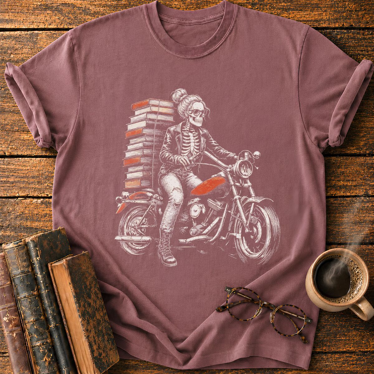 Skeletal Biker’s Tower of Books T-Shirt