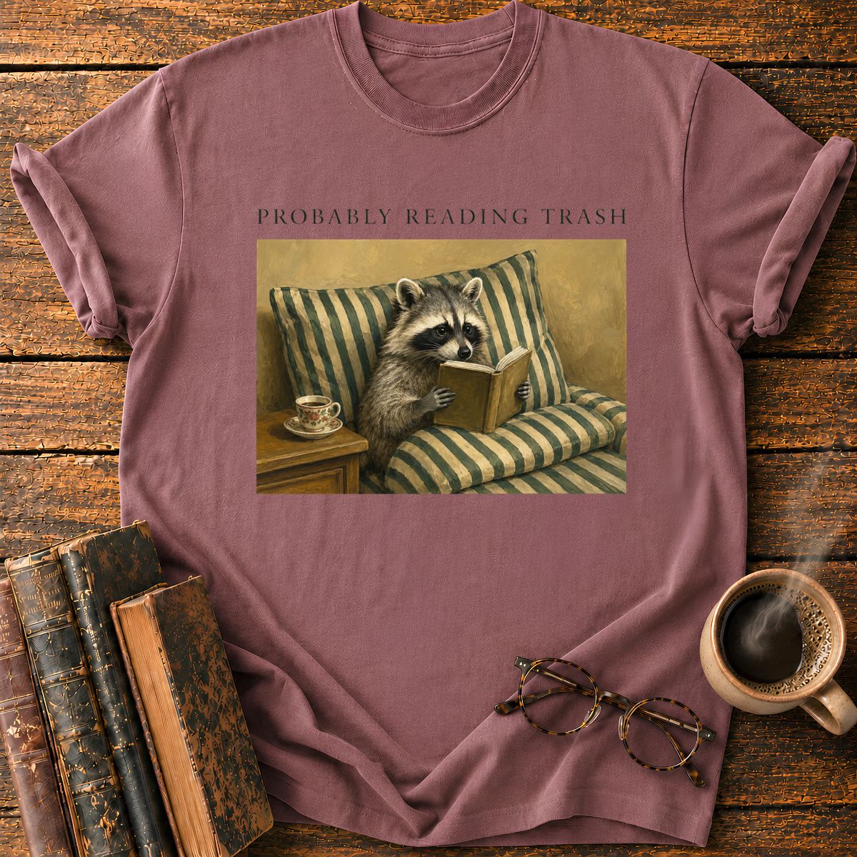 Raccoon Reading in Striped Comfort T-Shirt