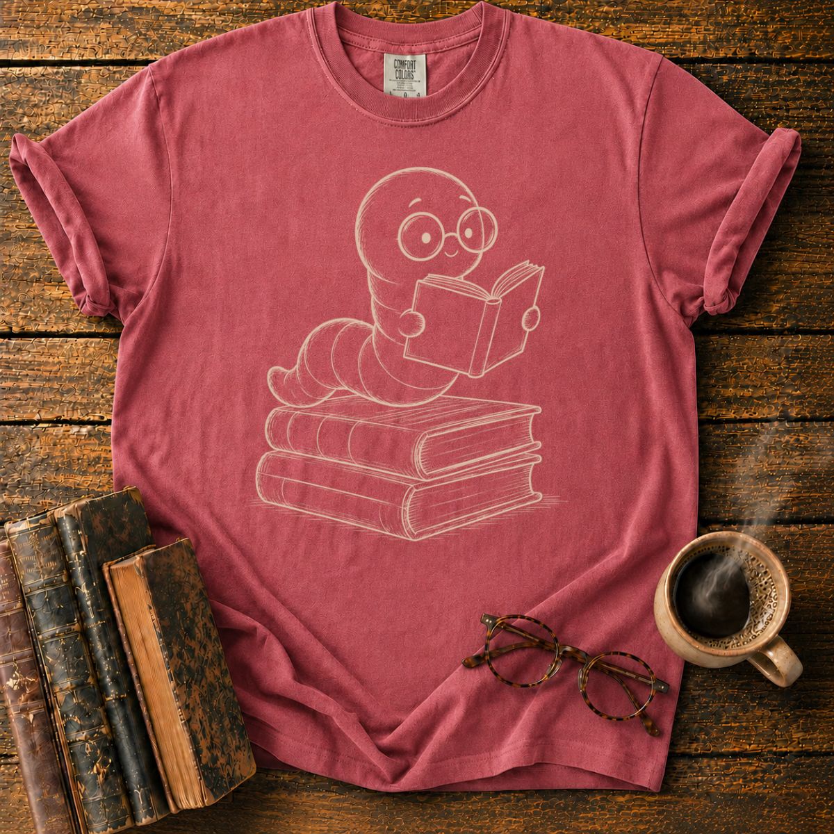 Bookish Worm on Stacked Books T-Shirt