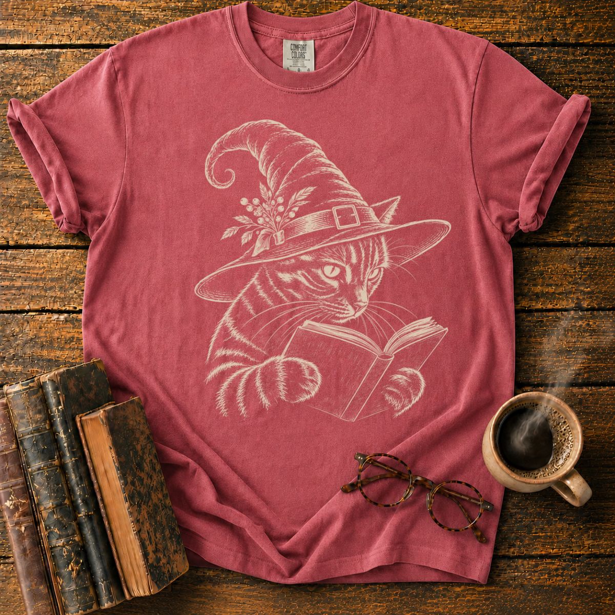 Vintage Witch Cat Reading a Book T-Shirt