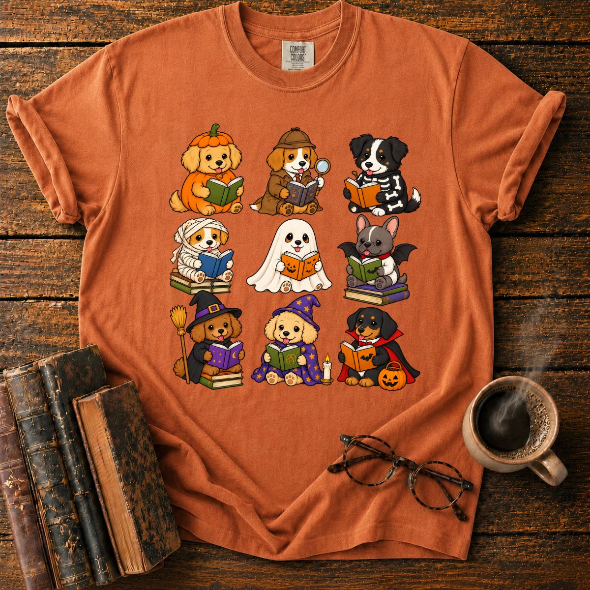 Kawaii Halloween Dogs Reading T-Shirt