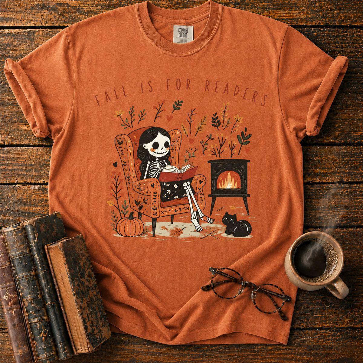 Fall Is for Readers Cozy Skeleton T-Shirt