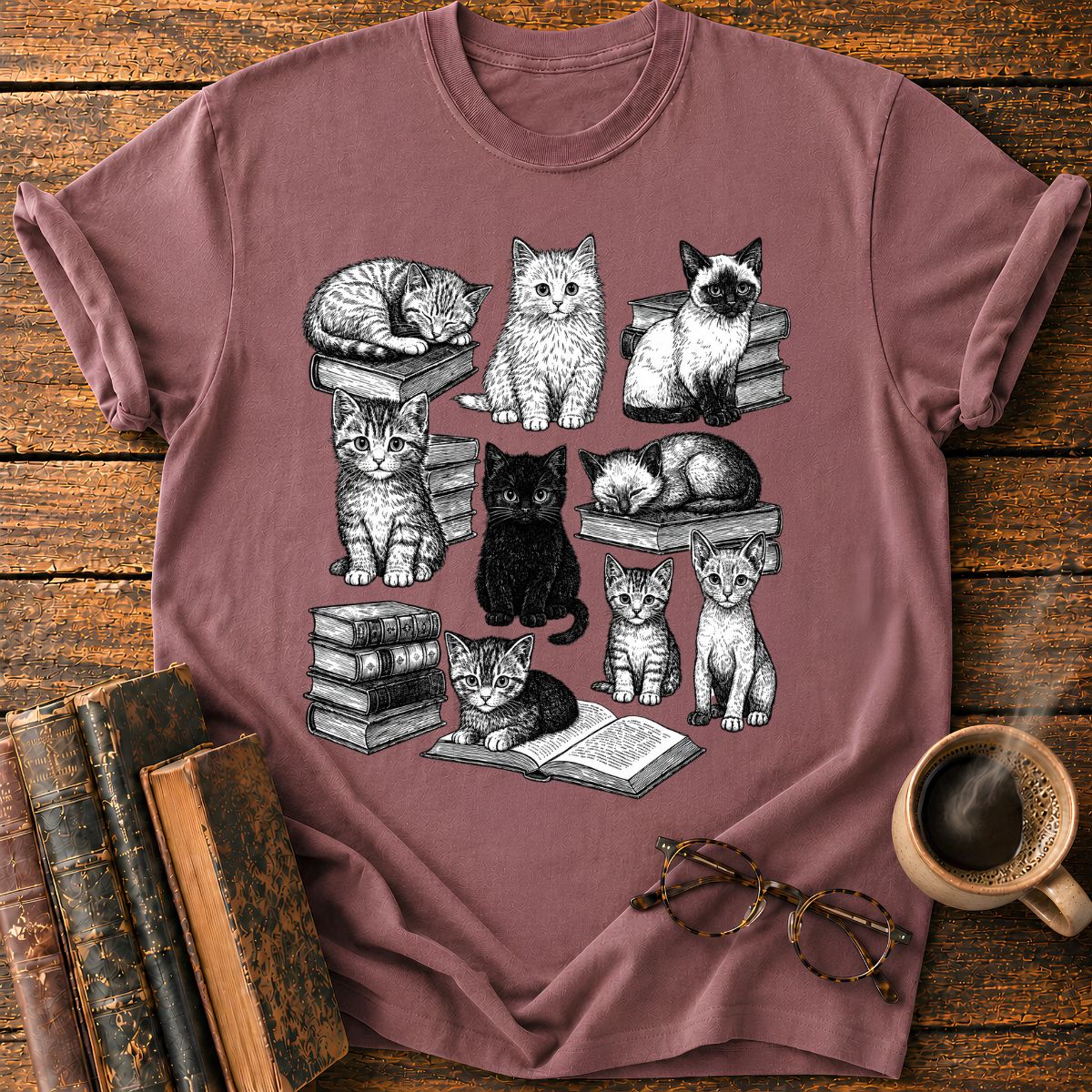 Vintage Puppy Bookworm Collage T-Shirt